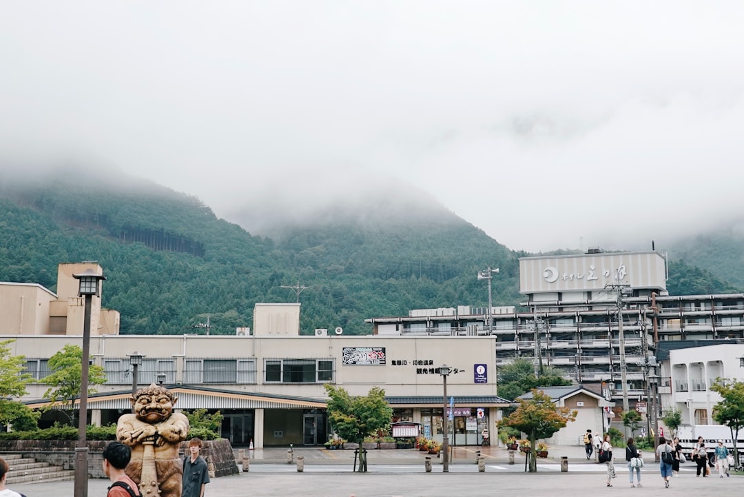 山の麓に広がる温泉街と霧の風景