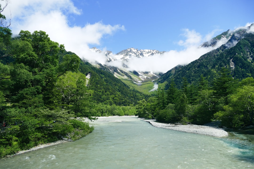 高山を走るバスと山の道路