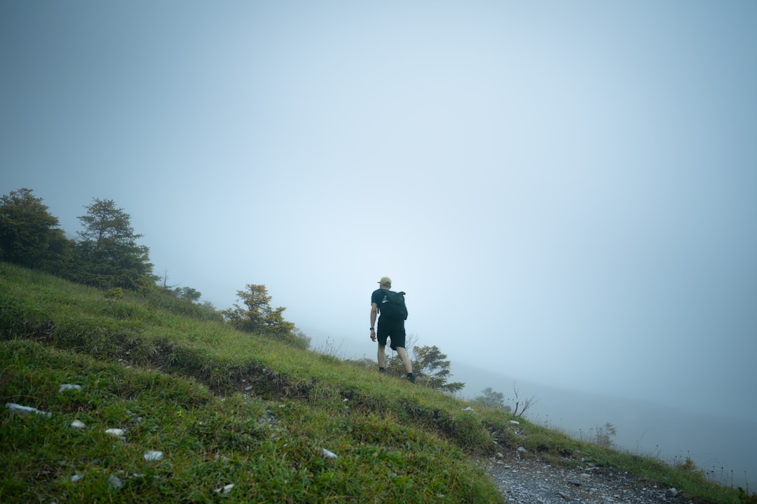 霧の中の山道を歩くリュック姿のハイカー