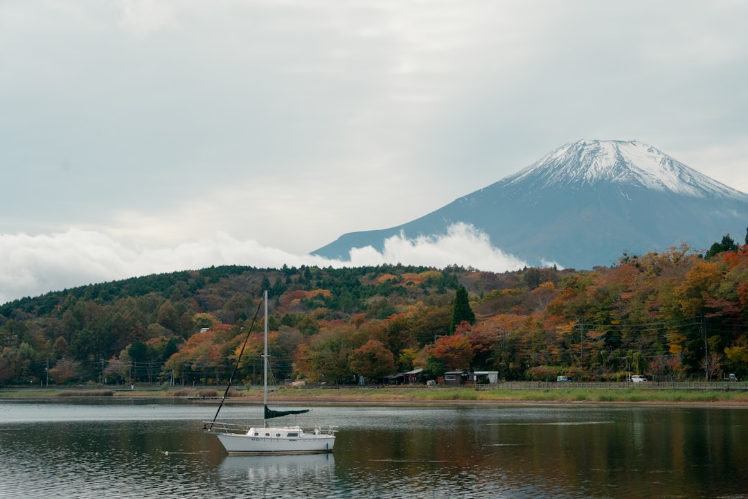 本栖湖畔に映る紅葉と笹原の稜線