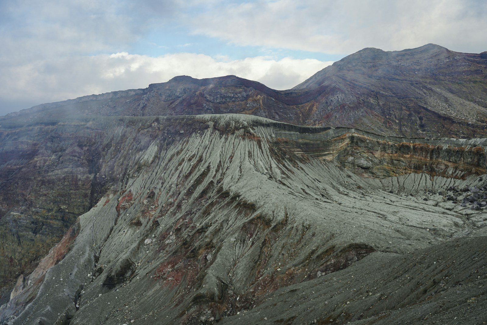 灰色の火山灰に覆われた火口周辺の斜面