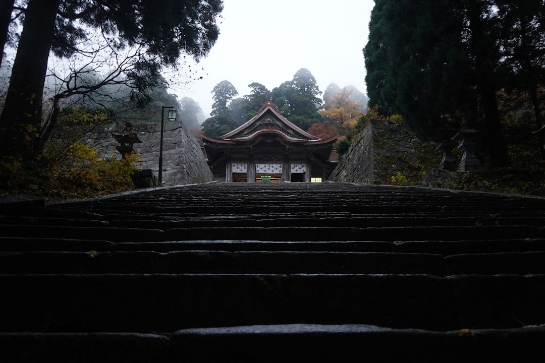 霧の中に立つ日本の古い寺院