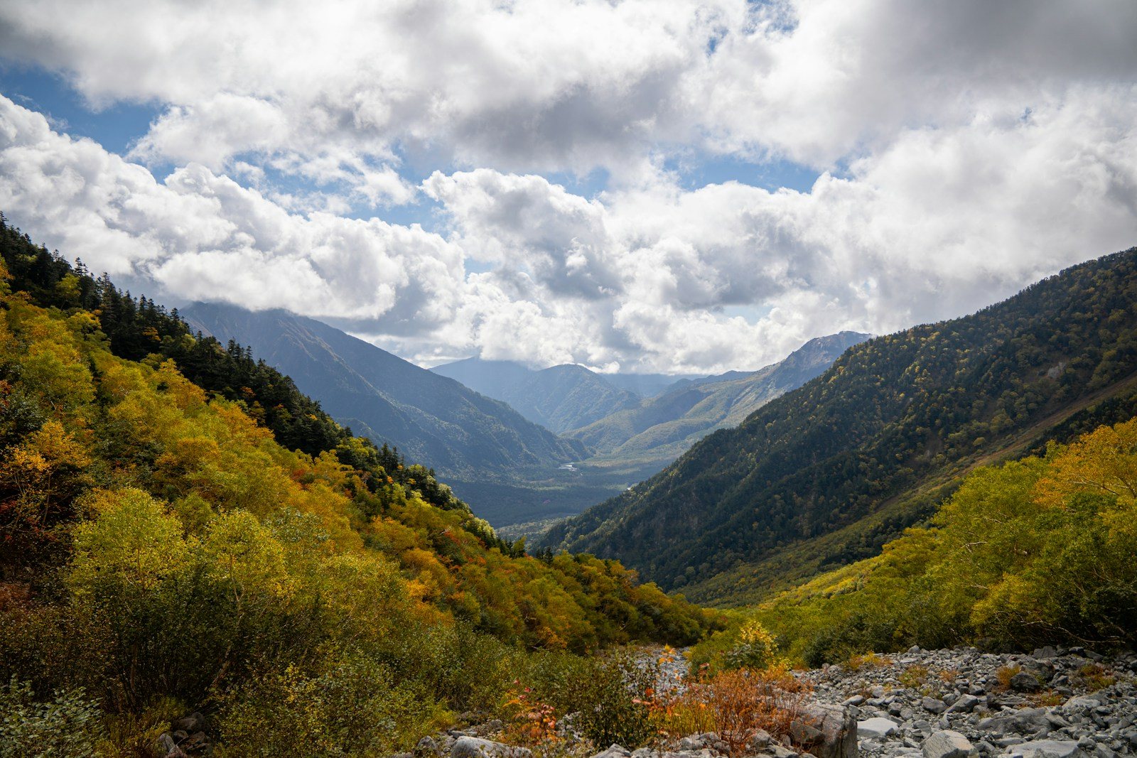 紅葉狩りで色づいた谷を見下ろす登山道