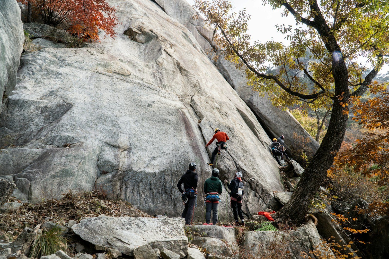 岩の斜面を登る登山者たち