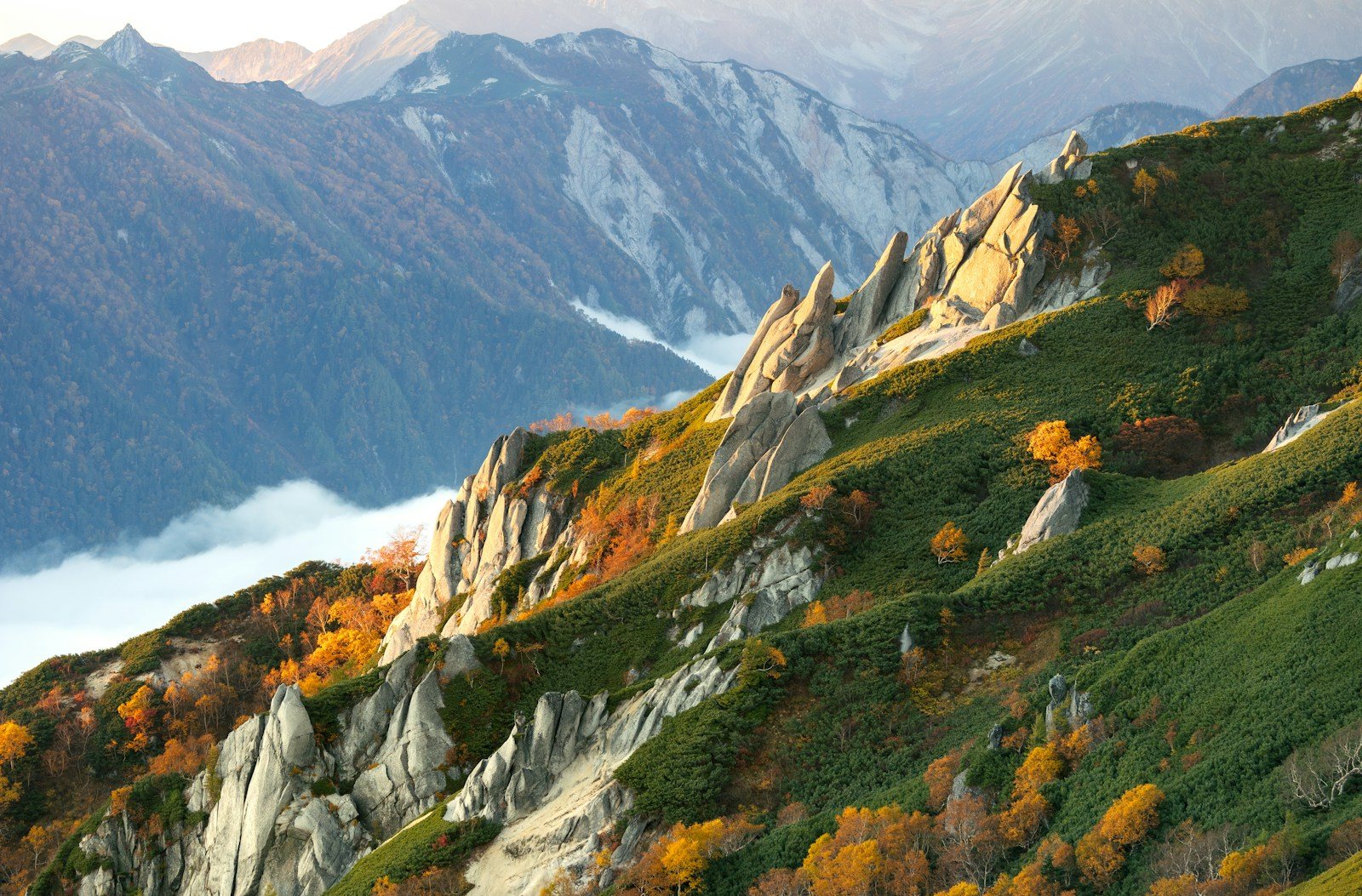 三段紅葉の雪と紅葉と緑が重なる日本アルプスのイメージ