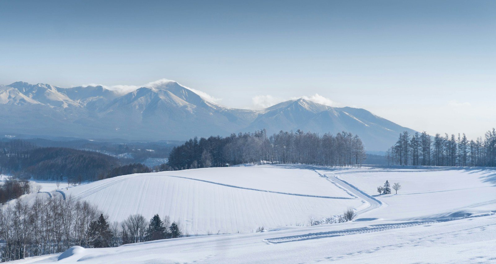 雪をかぶった丘と遠くの山並み