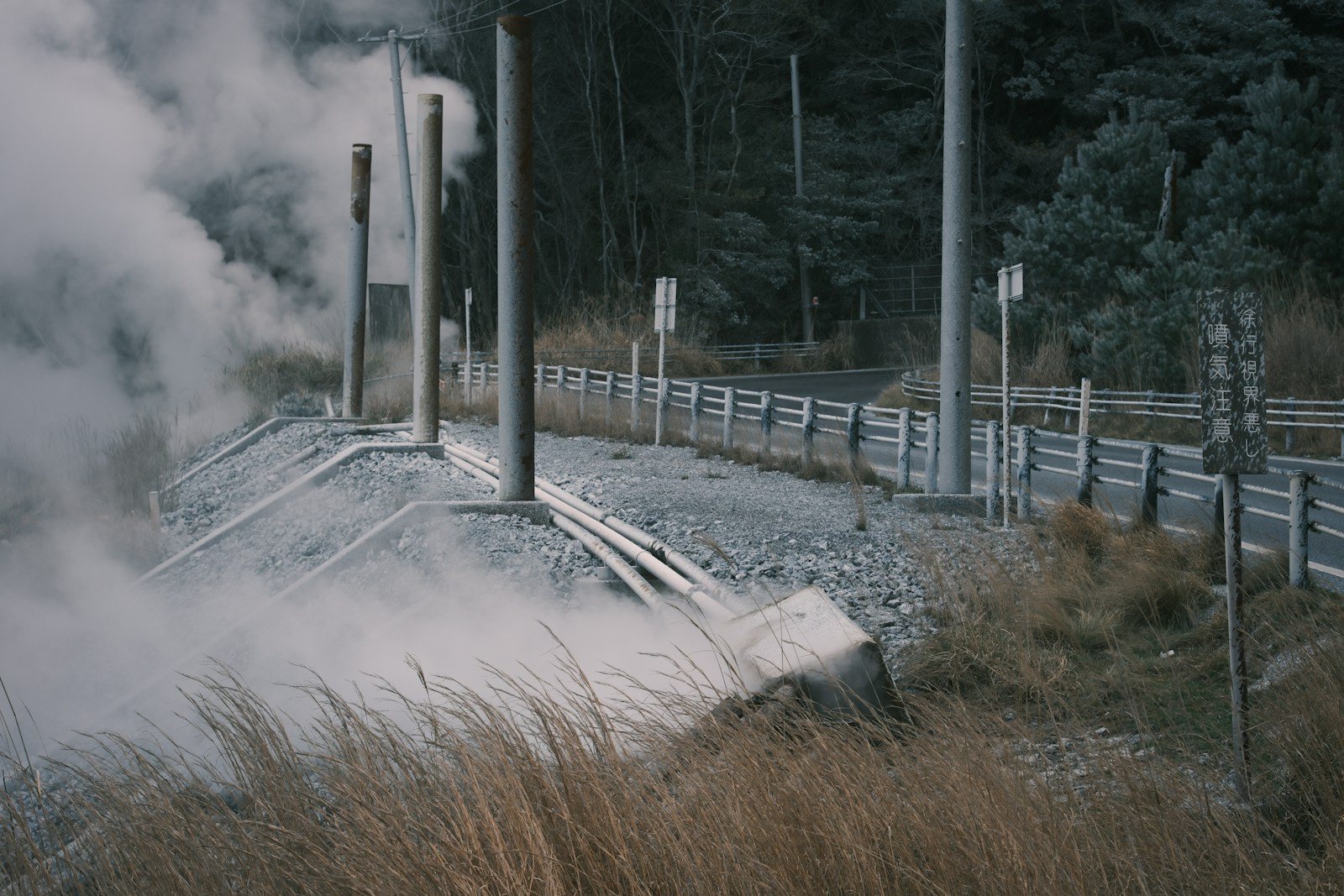 道沿いから噴き出す温泉の蒸気