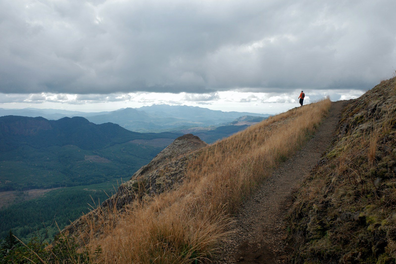 細い山道を歩く登山者