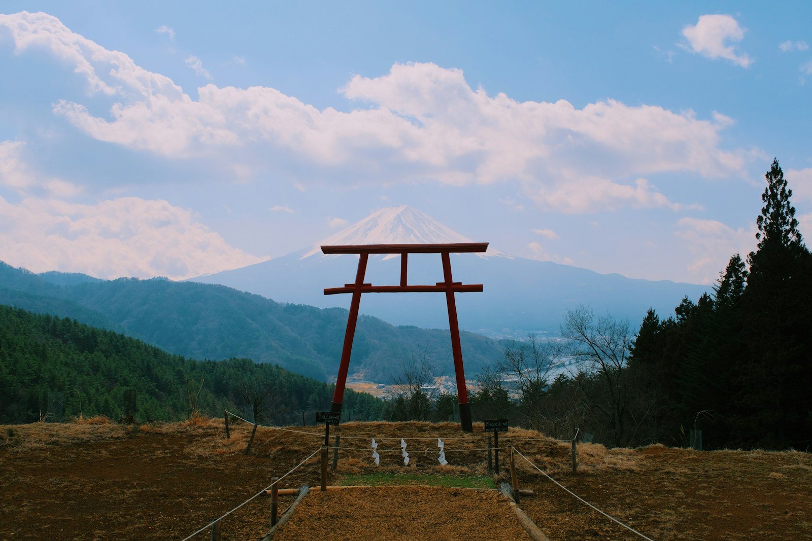 山を背にした野原の木造の建物
