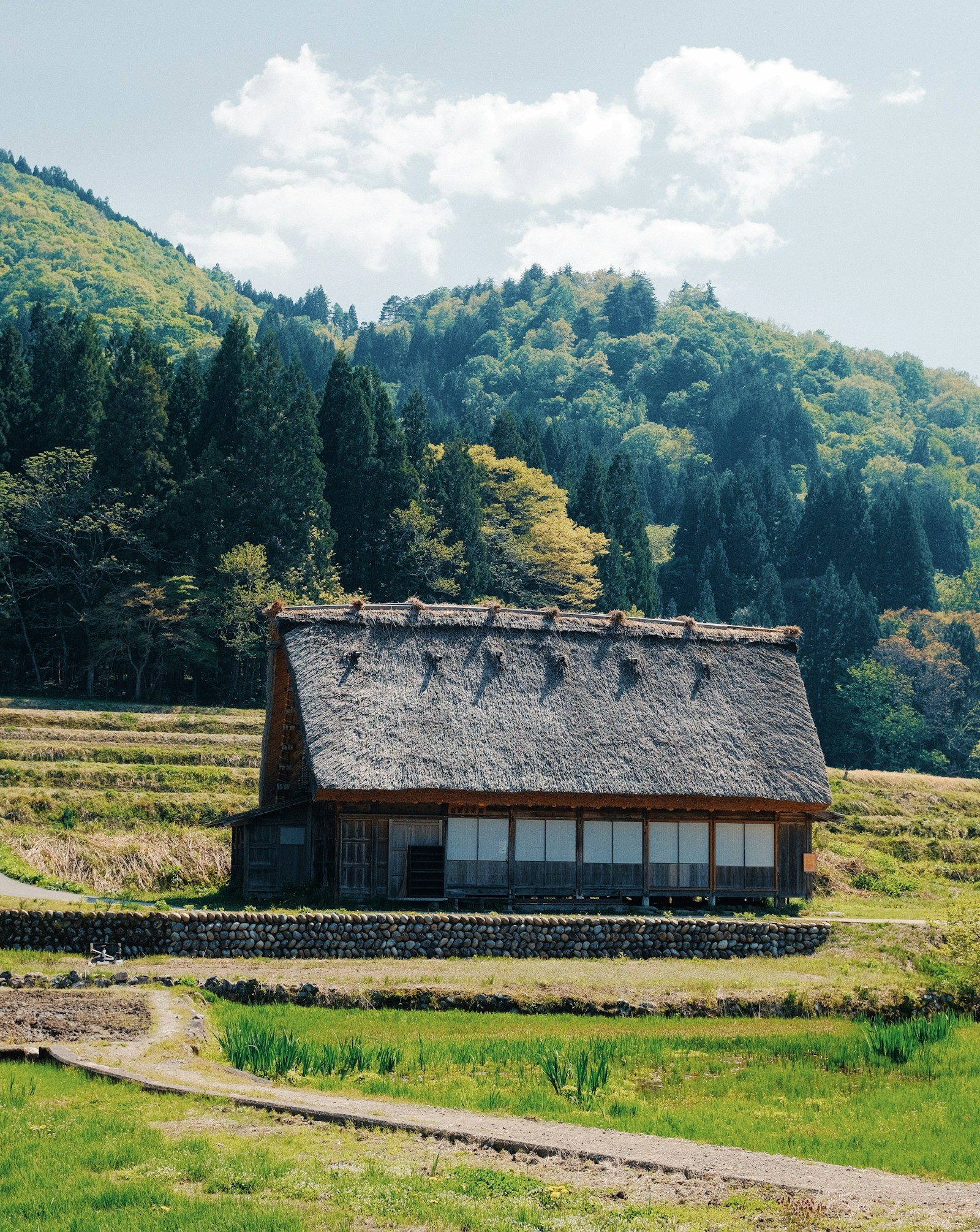 山里の茅葺き屋根と田畑