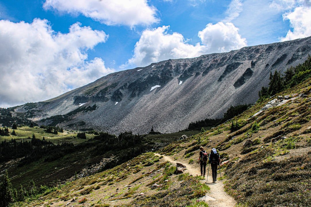 岩の多い登山道を歩く登山者