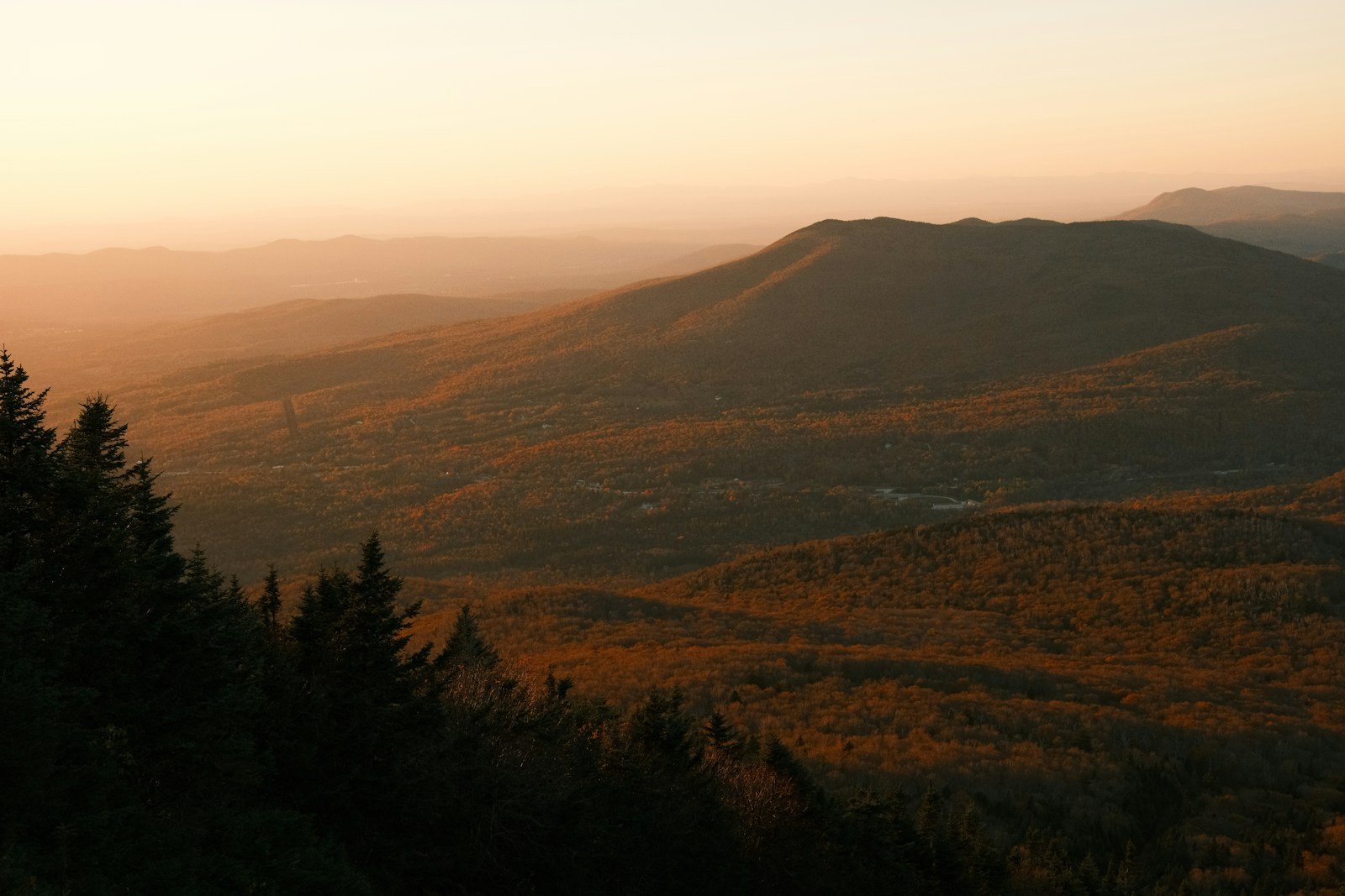 夕方の光に染まる秋の山並み