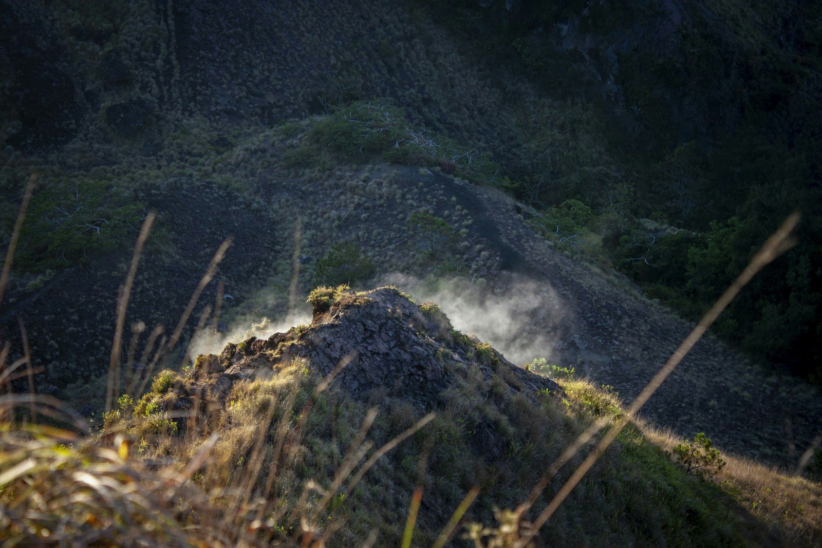 光の差す霧の山頂