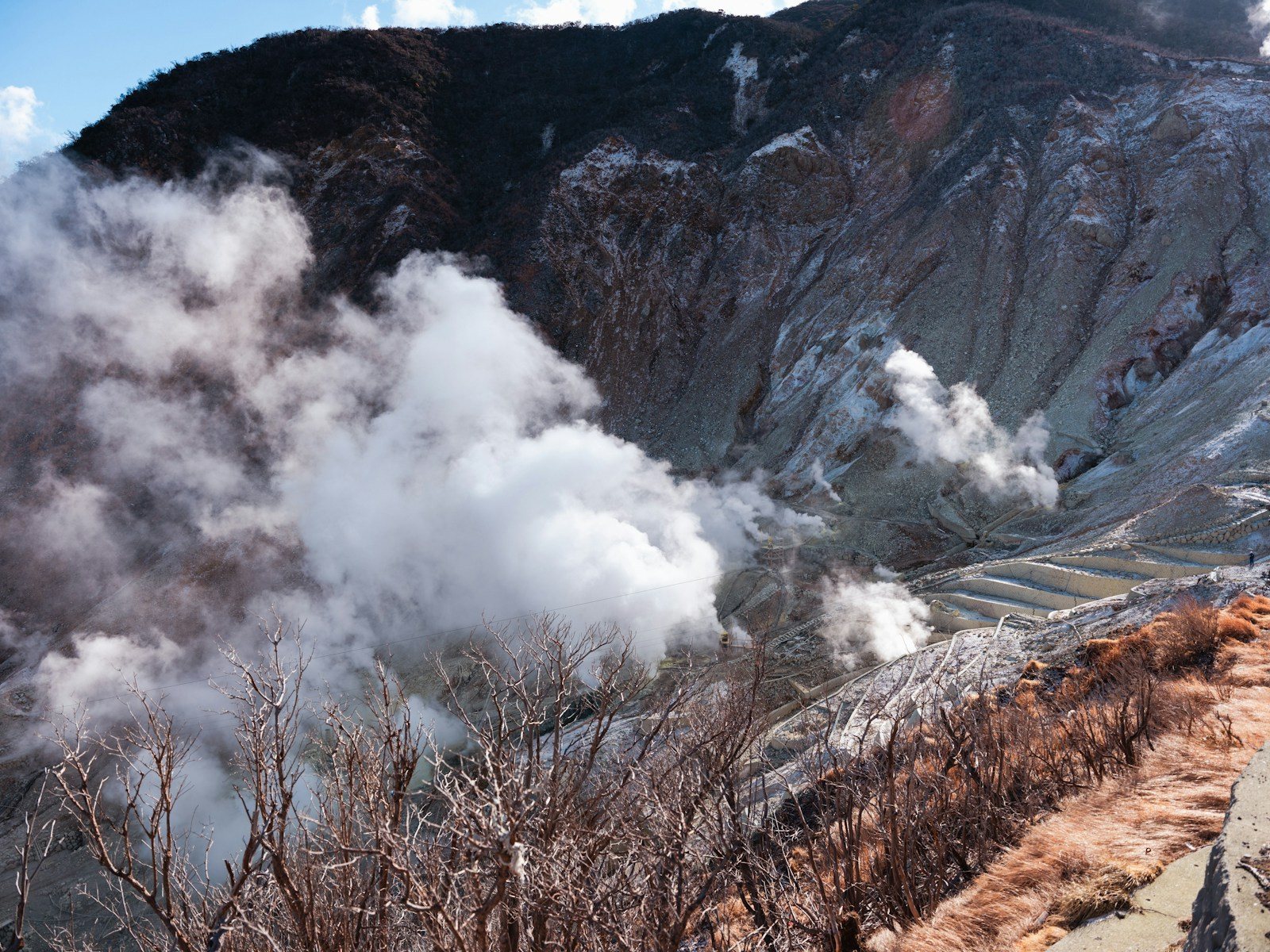 噴気の上がる山