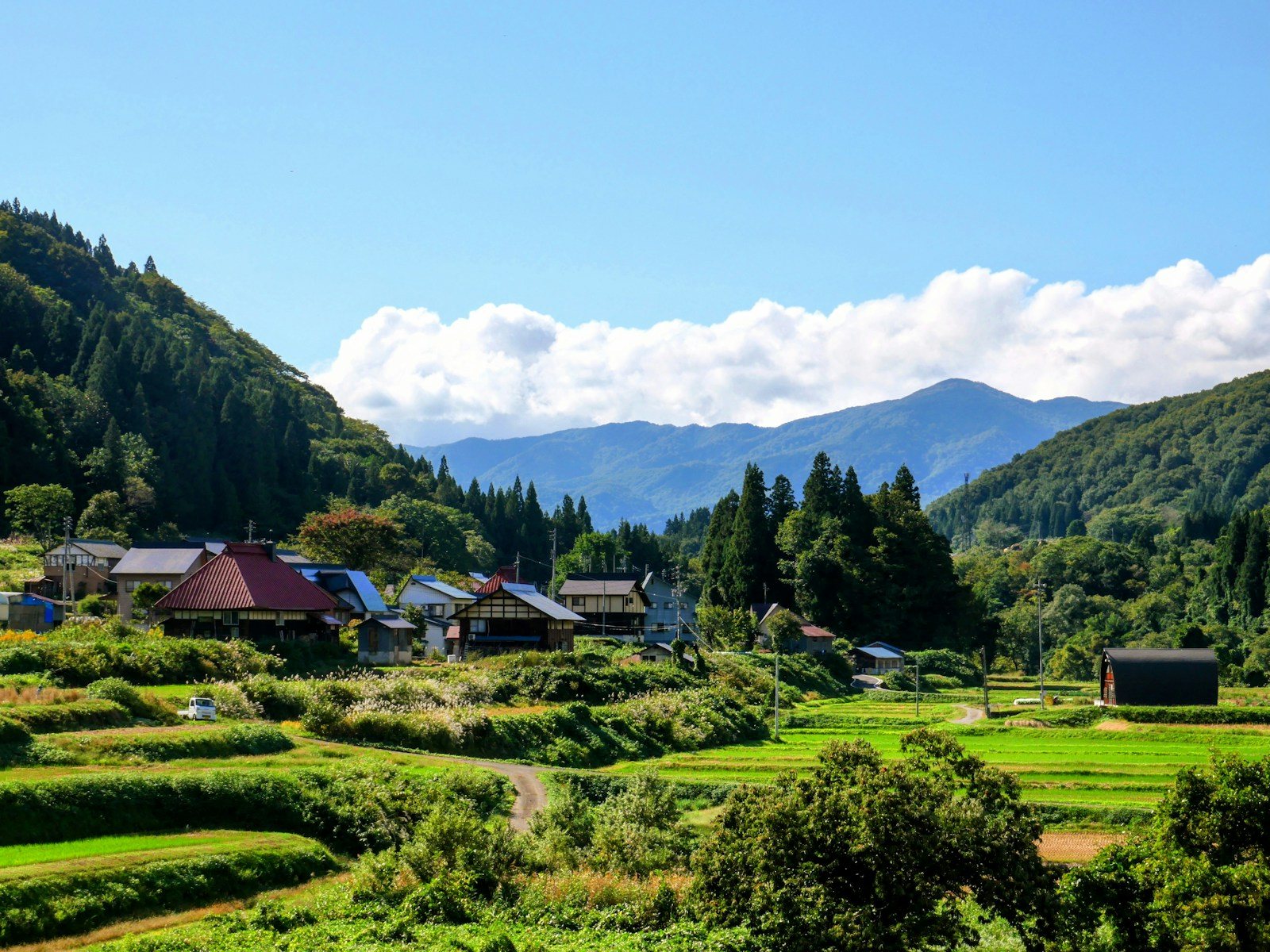 緑の山に囲まれた谷
