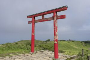 草の丘を見下ろす赤い鳥居